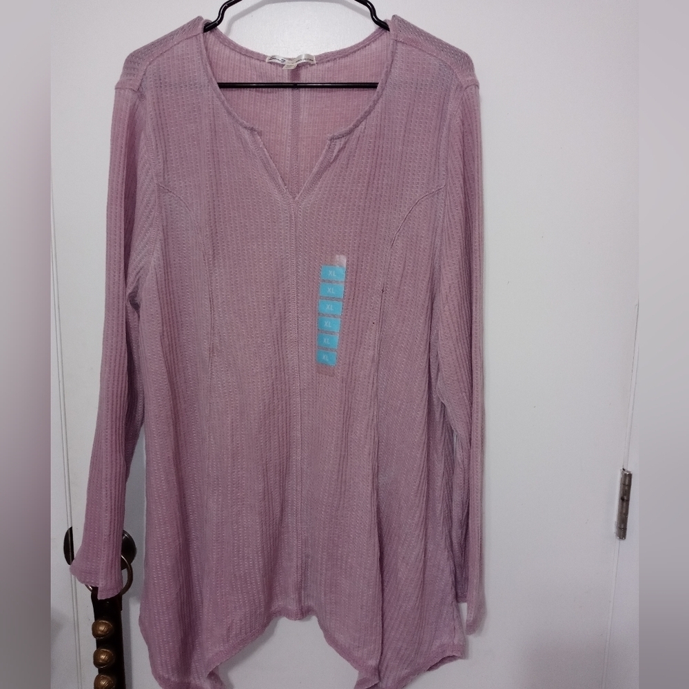 Seven7 Long Sleeve Lilac Thermal Shark bite V Neck Distressed Tunic Top XL